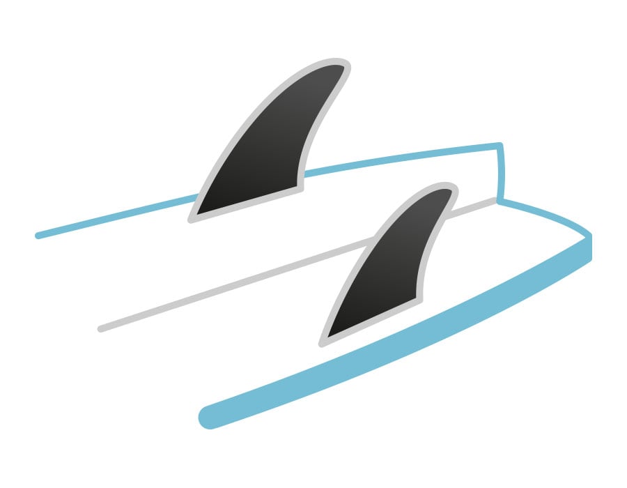 Ilustrácia spodnej strany SUP paddleboardu s dvomi stredne veľkými plutvami. 