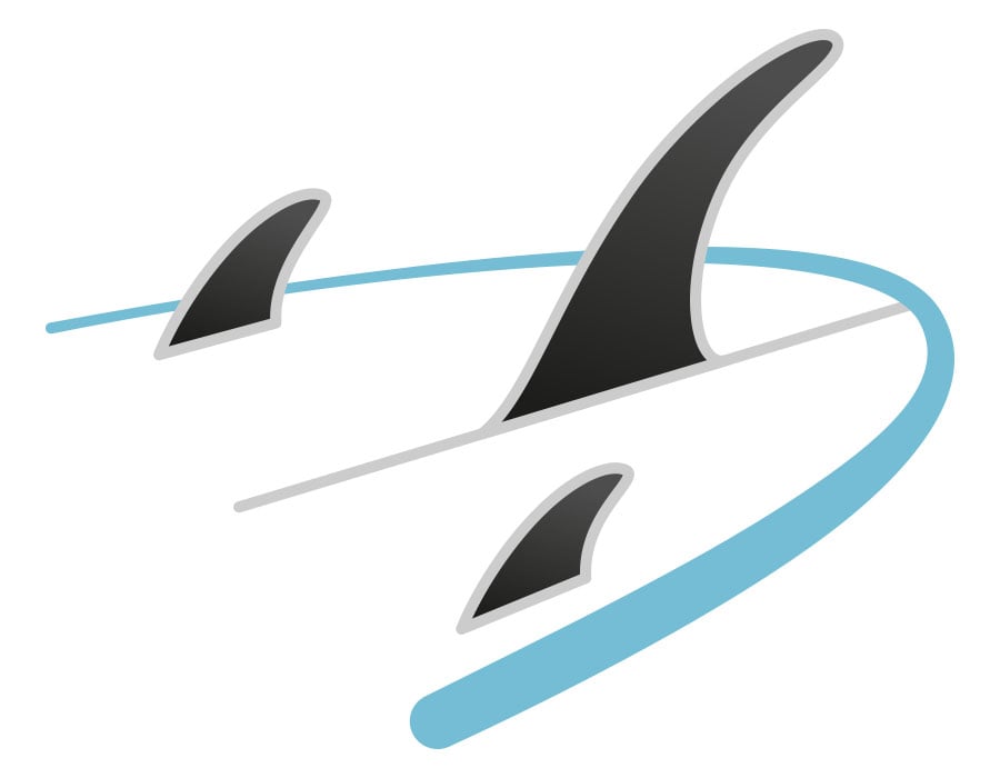 Illustration of a bottom of SUP paddleboard with one large middle fin and two small fins attached on sides.