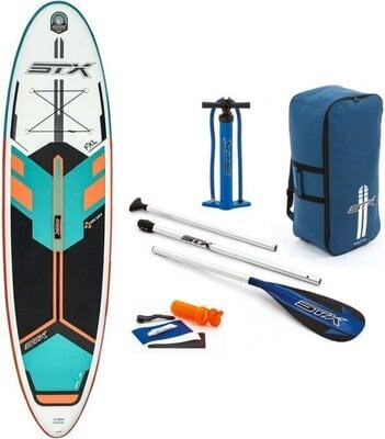 Paddleboard STX Freeride 10’6’’ with folding aluminium paddle, transport bag, air pump, fin and tools for repairs.