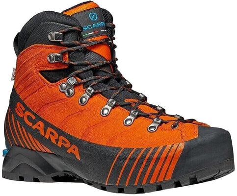 Men's high-cut dark grey and orange backpacking shoe, model Scarpa Ribelle HD, ideal for difficult hikes with heavy backpack. 