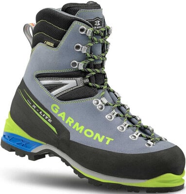 Wysokie męskie buty alpinistyczne Garmont Mountain Guide Pro GTX w różnych odcieniach szarości, błękitu i zieleni, odpowiednie do wysokogórskich wypraw.