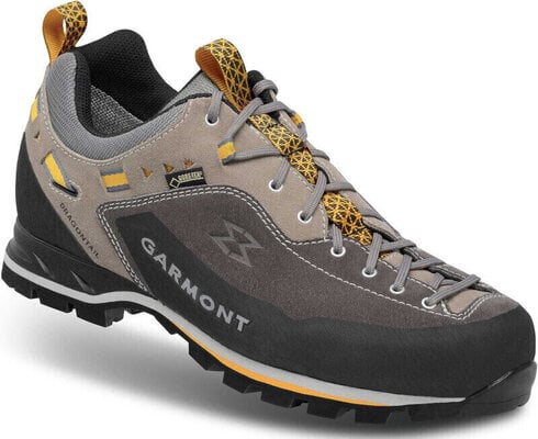 Nízka pánska turistická topánka typu approach Garmont Dragontail MNT GTX v rôznych odtieňoch šedej a žltej farby.  