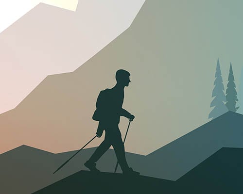 Illustrated hiker with hiking poles wanders in the hilly terrain.