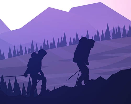 Dve ilustrované postavy turistov kráčajú s turistickými palicami a vysokohorskými outdoorovými batohmi počas vysokohorskej expedície. 