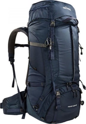 Blue Tatonka Yukon 60+10 backpack for alpine expedition hikes, front view.