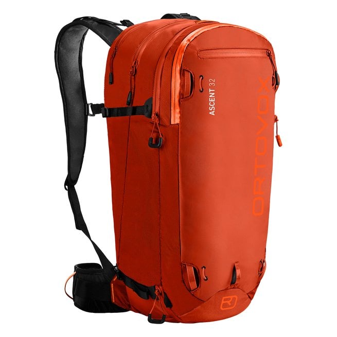 Red Ortovox Ascent 32 ski tour backpack.