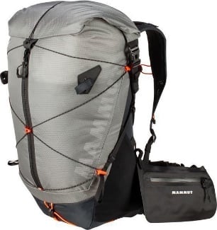 Women's grey-black Mammut Ducan Spine 50-60 outdoor backpack, front view.