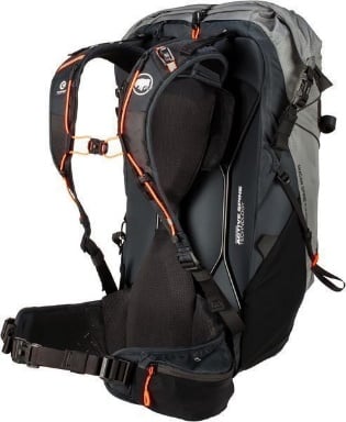 Women's grey-black Mammut Ducan Spine 50-60 outdoor backpack, back view.