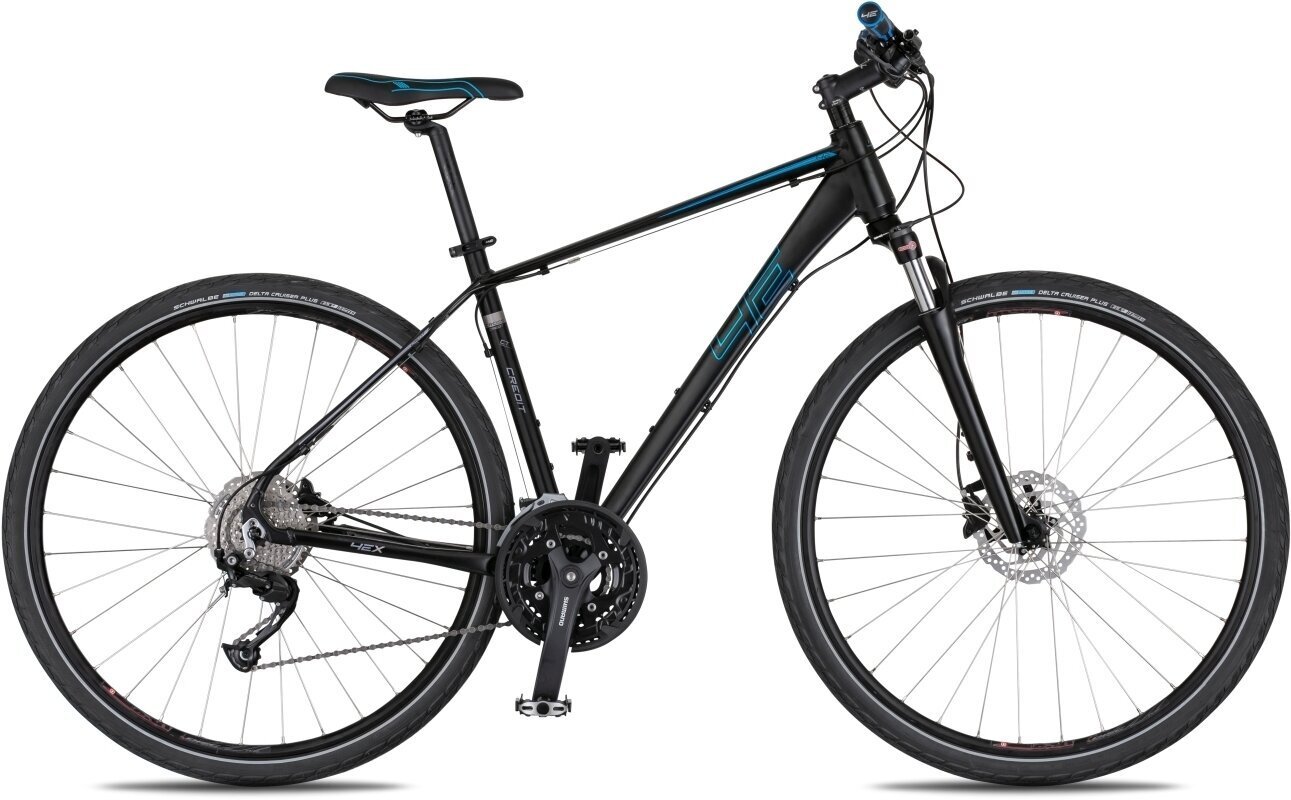 4Ever hybrid bike with dark aluminium frame, front suspension, hydraulic disc brakes, standing on its own.