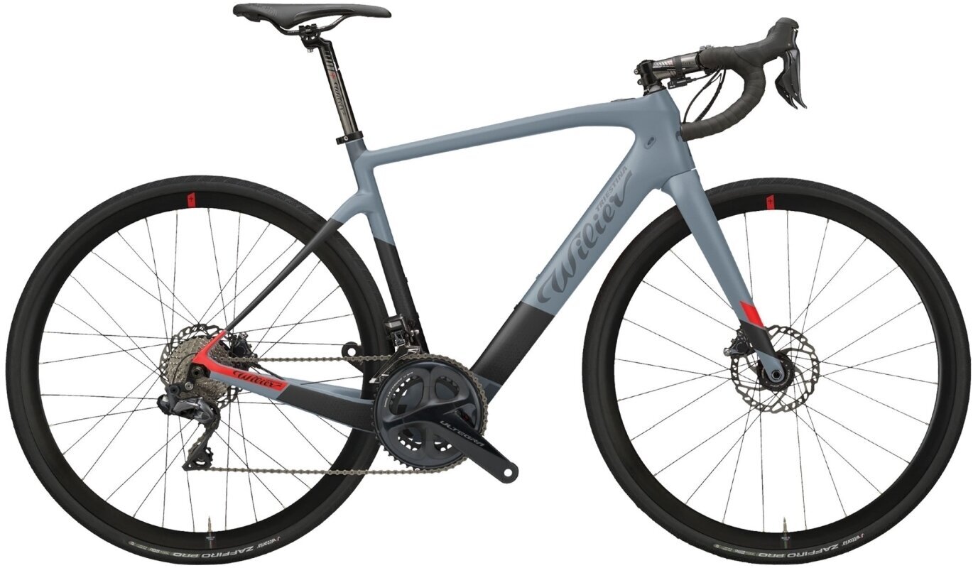Gravel-E-Bike Wilier Cento mit grauem ultraleichtem Carbonrahmen, Sportlenker und hydraulischer Scheibenbremse.