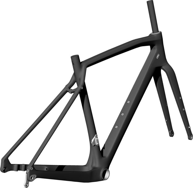 Carbon bike frame on its own with white background.