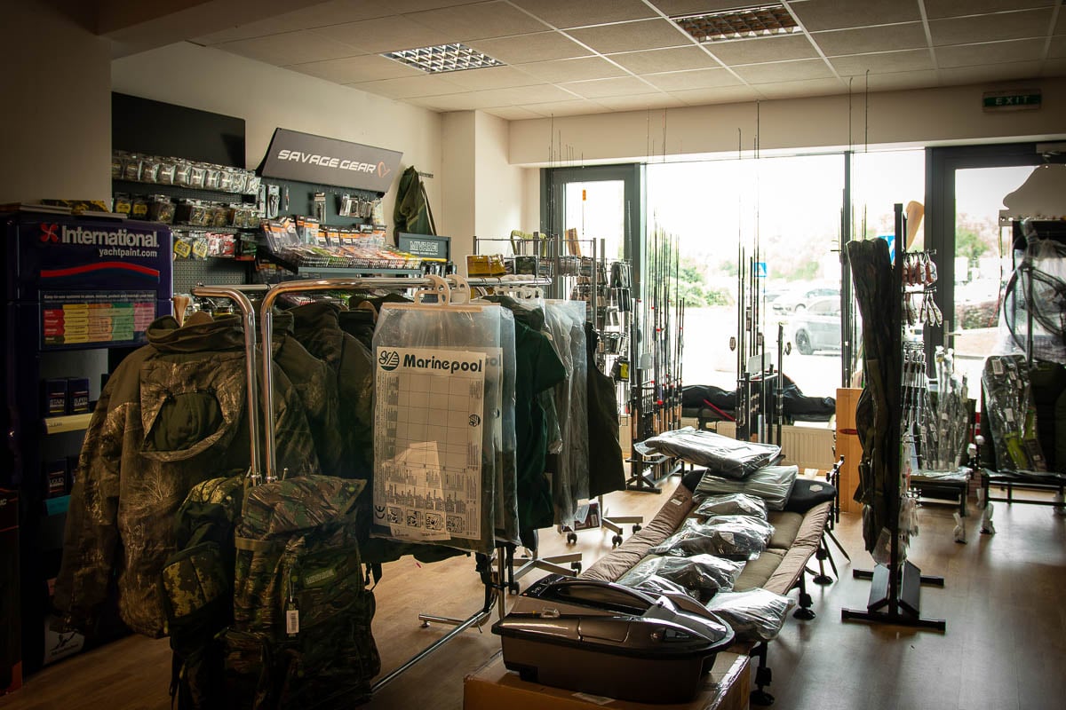 Fishing tackle and clothing in Muziker BOATS & MOTO shop in Bratislava.