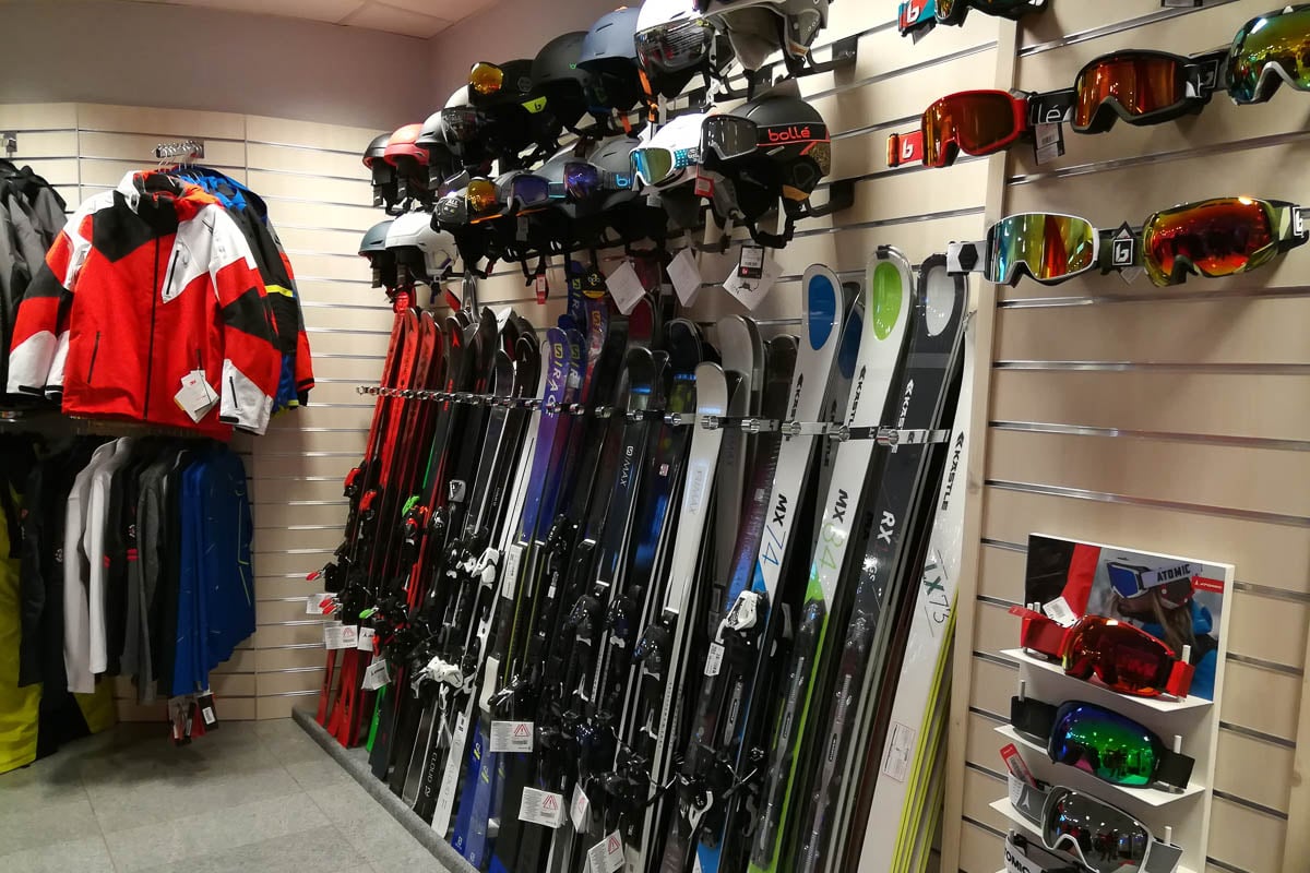 Ski equipment in Muziker SKI shop in Bratislava.