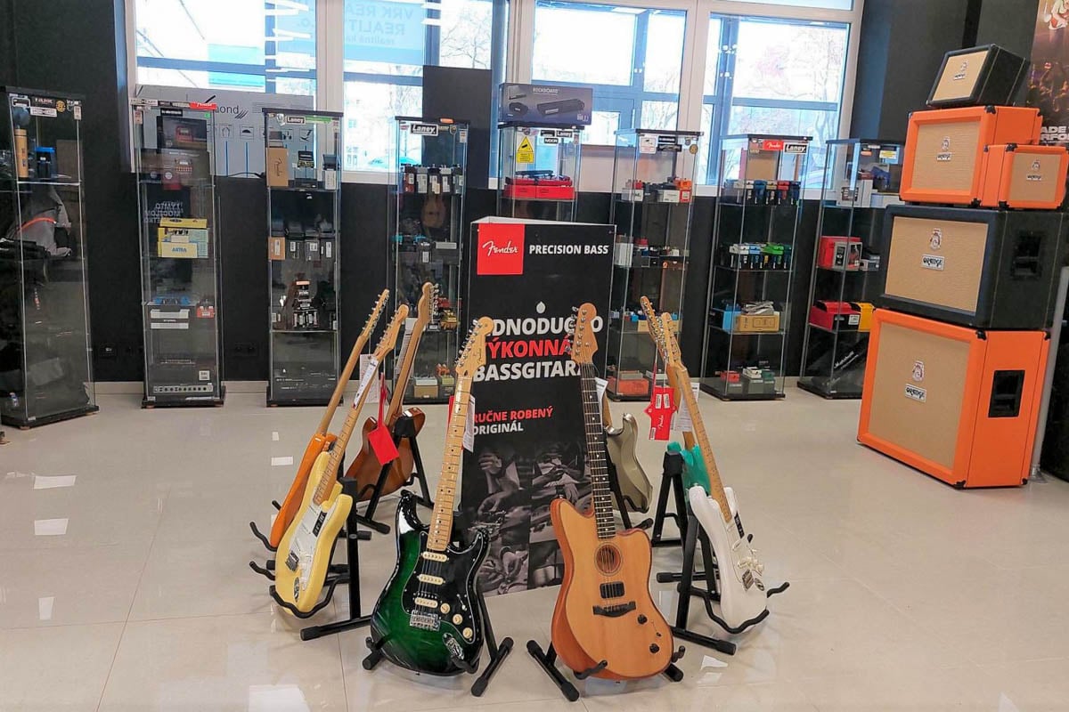 Guitars in musical instruments shop Muziker Košice.