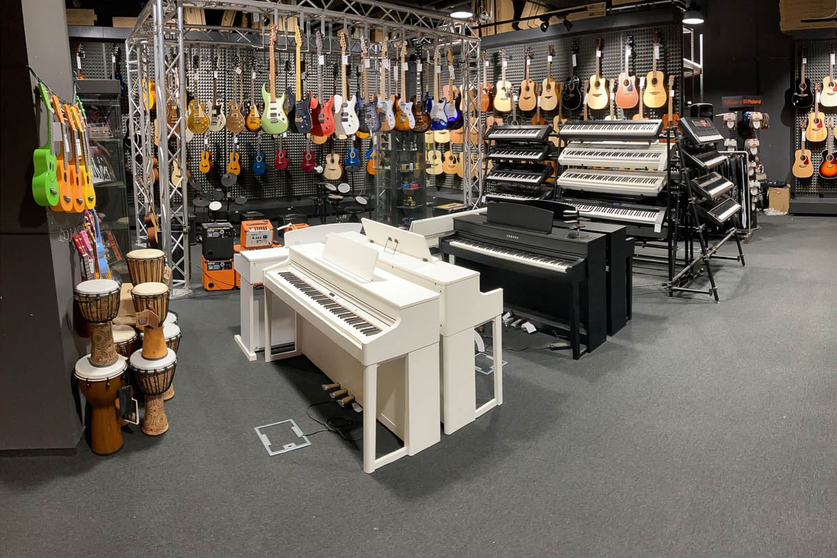 Musical instruments and accessories in music shop Muziker Liberec.