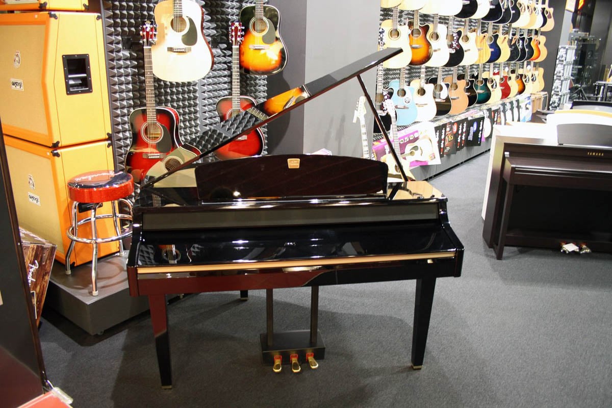 Musical instruments in music shop Muziker Ostrava.