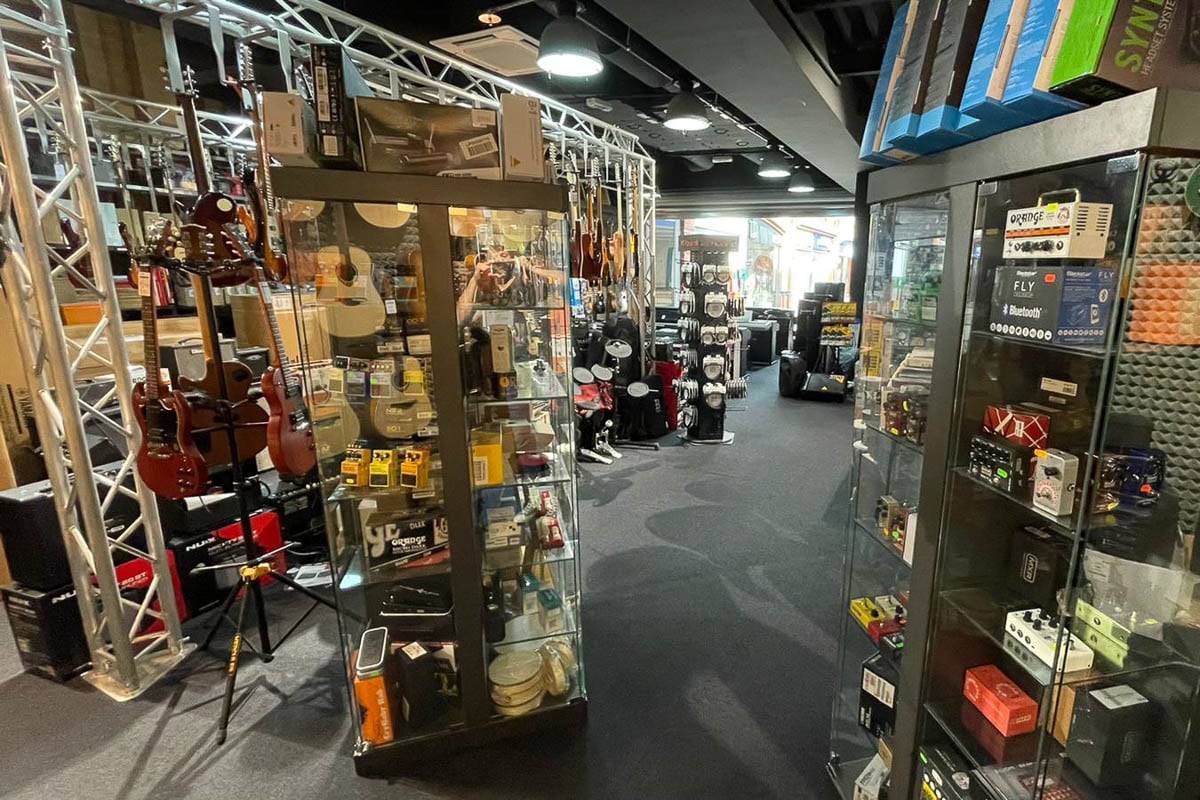 Musical instruments and accessories in music shop Muziker Pilsen.